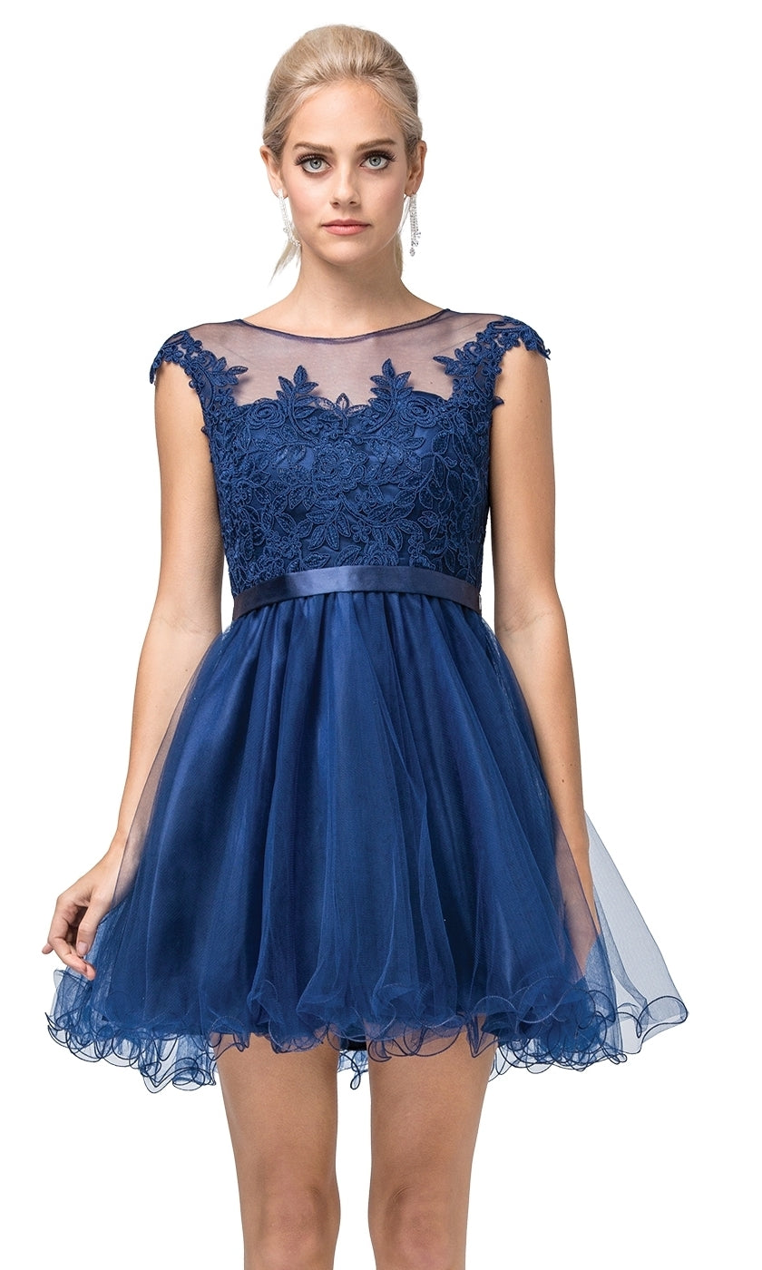 A woman faces forward wearing the Lace-Applique-Bodice Short Homecoming Dress, featuring embroidered lace on the bodice, a sheer neckline, and a flowy tulle skirt.